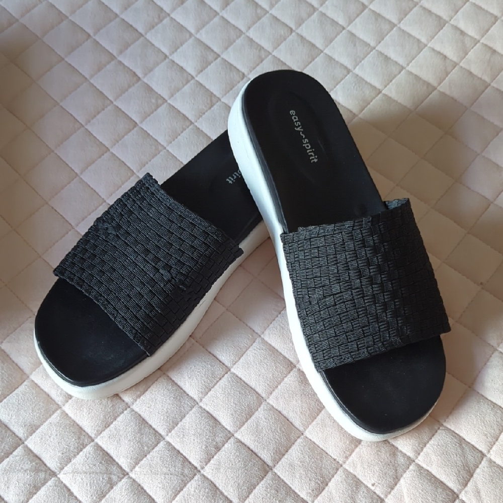 Easy Spirit Black Knit Slide Mules with White Platform Sole